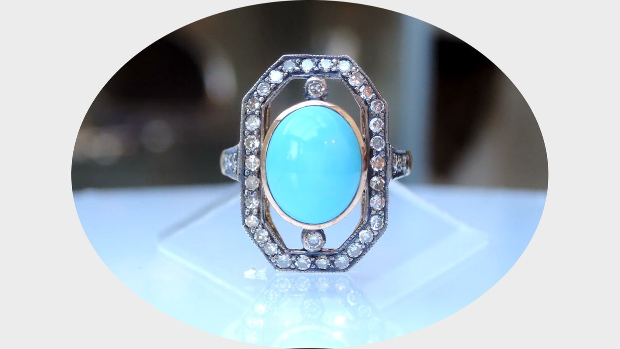 Ring, Turkoois, Roosdiamant, 18K, Art Deco