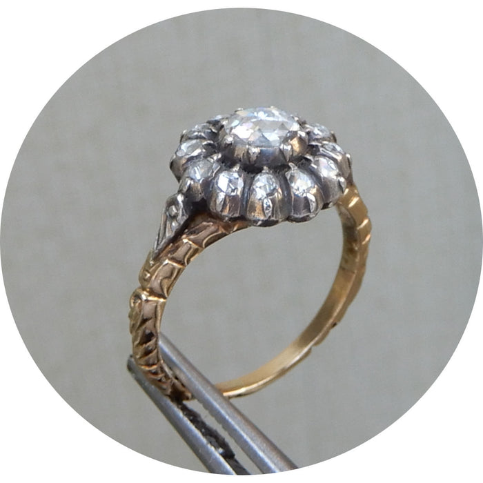 Ring, Rozet,Roosdiamant, 14K Goud