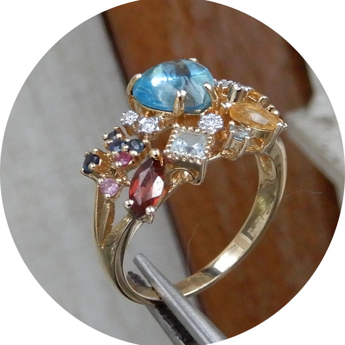 Ring, Topaas, Saffier, Diamant, Aquamarijn, 14K