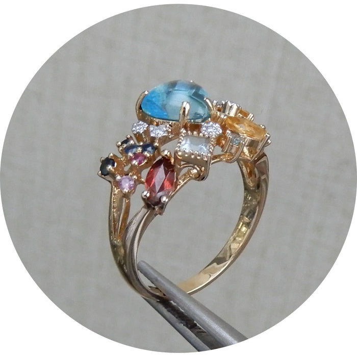 Ring, Topaas, Saffier, Diamant, Aquamarijn, 14K